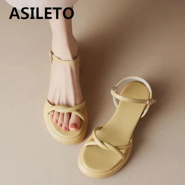 ASILETO Design Women Sandals Round Toe Thick Heels 4cm Buckle Strap Concise Leisure Daily Female Shoes Plus Size 40 41 42 43