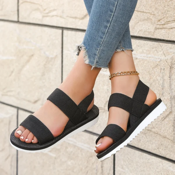 Women's fashion trend anti-slip wear comfortable matching color sole pure black shoelace flat sandals - Image 4