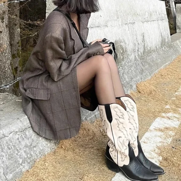 Embroidery Women Western Cowboy Boots Fashion Slip On Thick Heel Knight Long Booties Retro Style Autumn Winter Female Shoes - Image 3