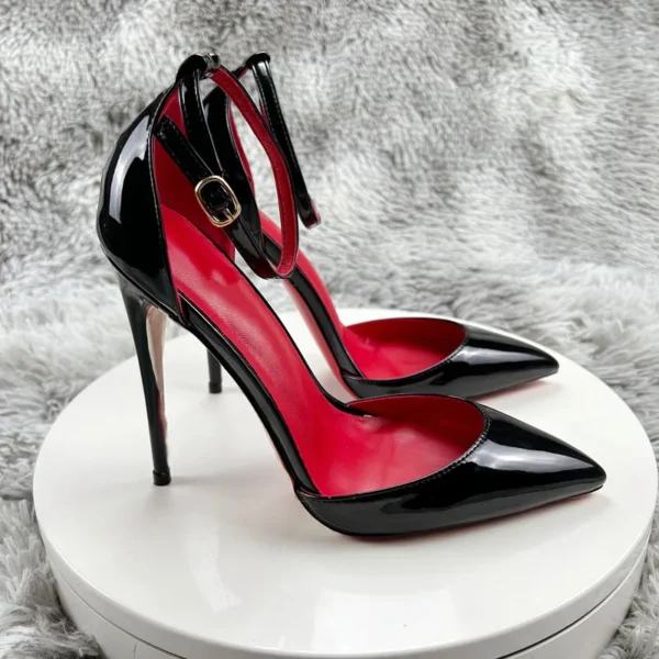 Black Patent Leather Women Ankle Strap Stiletto Pumps Pointed Toe Sexy High Heel Shoes 8cm 10cm 12cm Customize 33-46 - Image 2