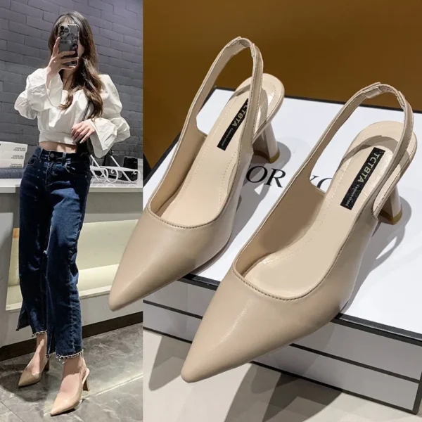 Baotou Back Empty Sandals High Heels Women's Thick Heel 2024 Spring New Single Shoes Pointed Toe Black Work Shoes High Heels - Image 2