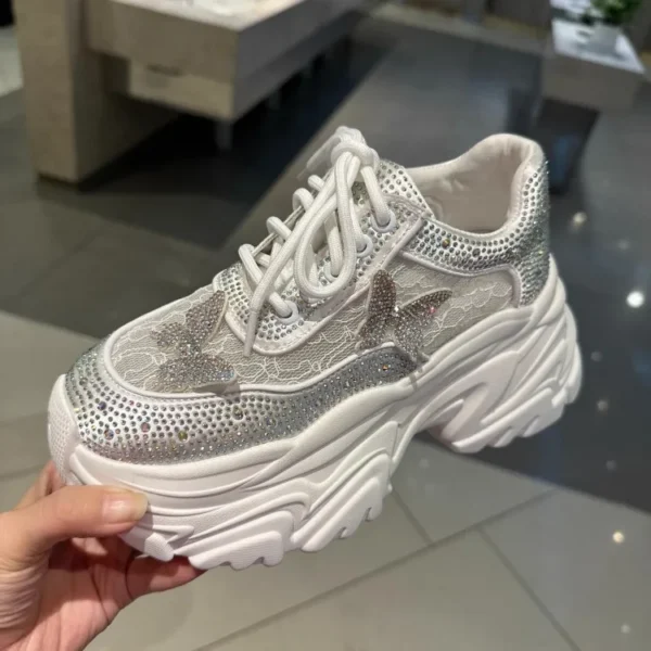 Women Summer Breathable Mesh Shiny Diamonds Butterfly Lace Outdoor Running Shoes Thick Platform Sneakers Low Cut Jogger Trainers - Image 7