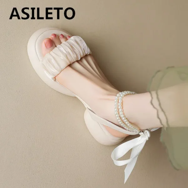 ASILETO Women Sandals Round Toe Thick Heels 4cm Lace Up String Bead Back Strap Sweet Female Daily Shoes Large Size 0 41 42 43