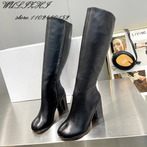 Black Leather 8Cm Tabi Booties Women Heels Side Zipper Brown Stretch Boots 5Cm Round Heel Casual Shoes Spring Elegant British