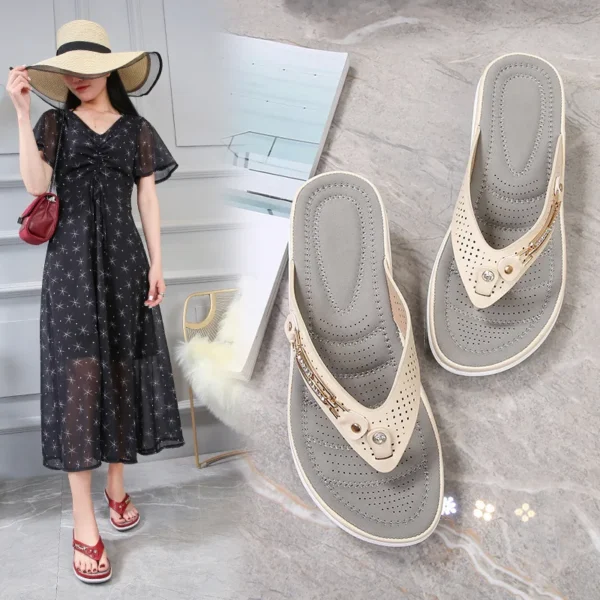 2023 Women's Slippers Summer New Fashion Metal Button Slides Shoes Wedge Beach Sandals Women Outside Platform Leisure Flip Flops - Image 4