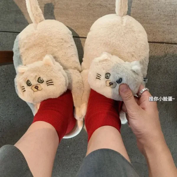 Cuddly Hug Cat Slippers Women Men Winter Home Slides Kawaii Floor Shoes Furry Slippers Girl White Mules Funny Cute Gift Slippers - Image 3