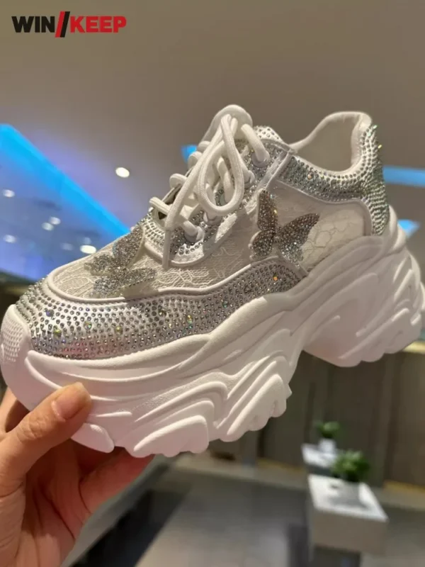 Women Summer Breathable Mesh Shiny Diamonds Butterfly Lace Outdoor Running Shoes Thick Platform Sneakers Low Cut Jogger Trainers