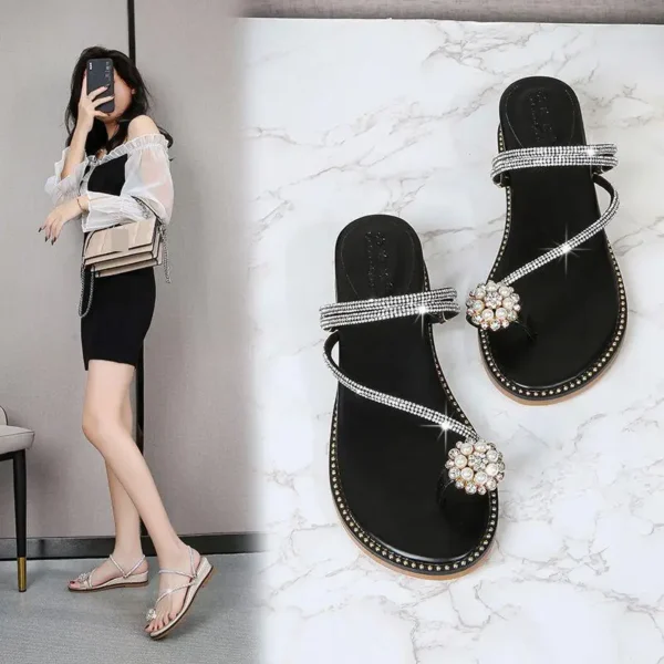 2023 Summer New Flats Sandals Women Open Toe Clip Toe Outer Wear Rhinestone Sandals Two-wear Small Size 313233 Women's Shoes - Image 2