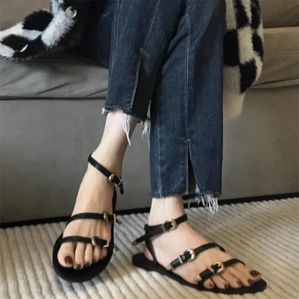 2024 Black Round Toe Ladies Sandals Buckle Strap Design Women Shoes Hand-made Fashion Flat Rome Beach Shoes Sandalias De Mujer - Image 5