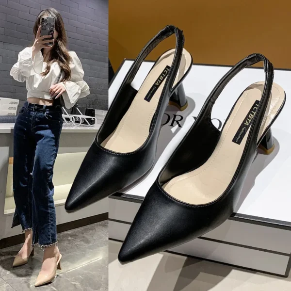 Baotou Back Empty Sandals High Heels Women's Thick Heel 2024 Spring New Single Shoes Pointed Toe Black Work Shoes High Heels