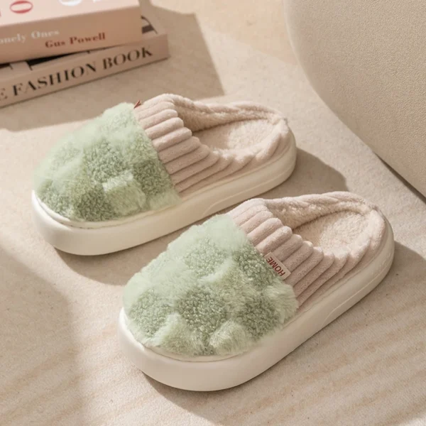 Fashion Couple Winter Toe Wrap Warm Plaid Cotton Slippers Thick Soft Sole Slides Men Women Indoor Floor Flat Home Non-slip Shoes - Image 6