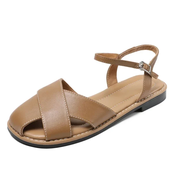 DRKANOL Women Flat Sandals 2024 Concise Genuine Leather Cross Sheepskin Buckle Strap Slingback Shoes Ladies Roman Casual Sandals - Image 7