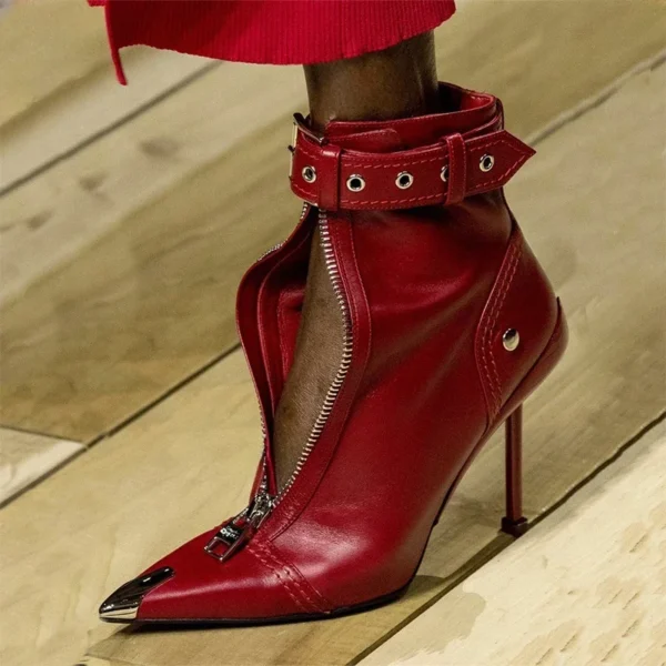 Belt Buckle Front Zipper Fashion Show Short Boots Women's Autumn Winter New Pointed Metal Decoration Red High Heels Ankle Boots - Image 6