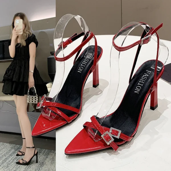 2024 Red Pointed Toe Sandals Women Thin High Heels Ladies Narrow Band Summer Buckle Strap Gladiator Pumps Wedding Party Shoes