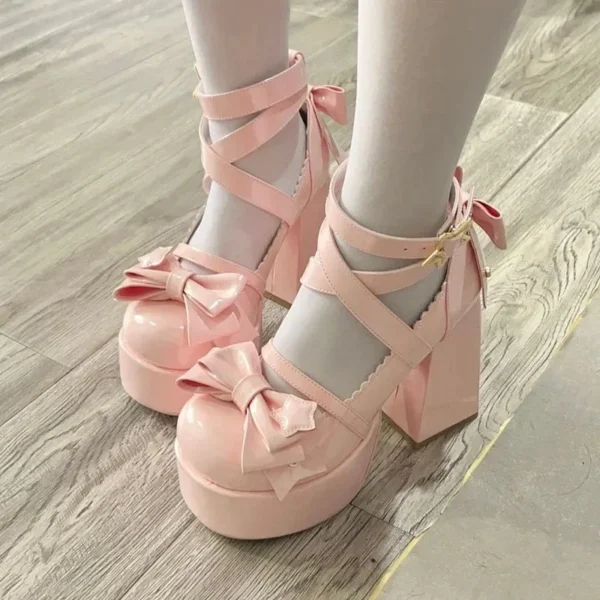 2024 Lolita Shoes Women Mary Janes High Heels Shoes Chunky Sandals Summer Fashion Retro Bow Party Platform Pumps - Image 9