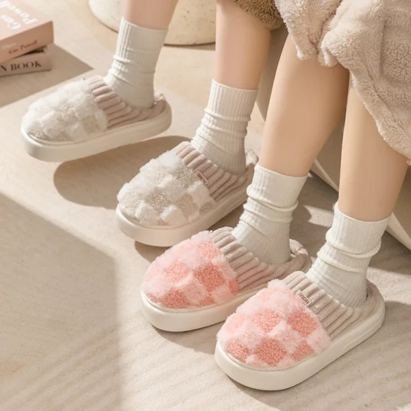 Fashion Couple Winter Toe Wrap Warm Plaid Cotton Slippers Thick Soft Sole Slides Men Women Indoor Floor Flat Home Non-slip Shoes - Image 5