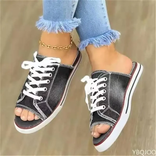 2022 Fashion Women Canvas Sandals Breathable Summer Slippers Lace Up Open Toe Ladies Faux Denim Flat Shoes Zapatos Mujer - Image 4