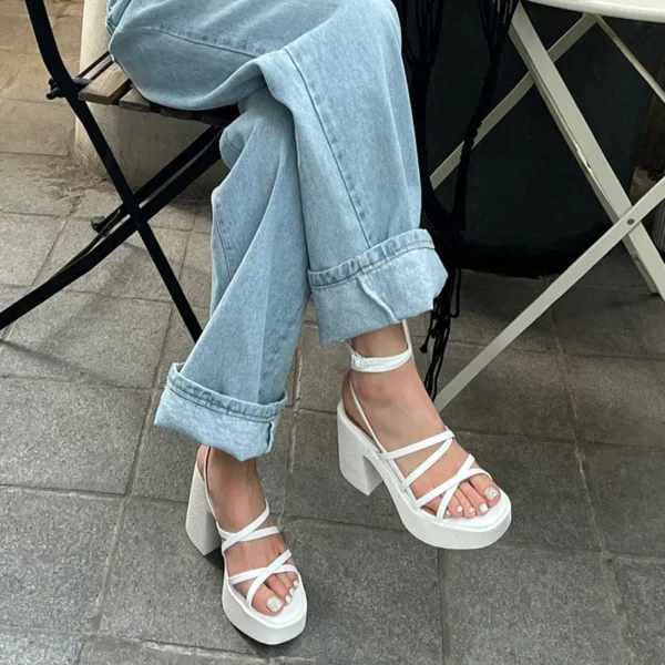 Women Strappy Platform Sandals Summer Square Head Solid Color High Heels Temperament Outdoor Non-slip Shoes Sandalias De Mujer - Image 6