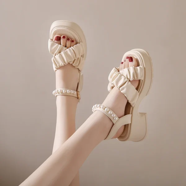 2023 Summer New Open Toe Pearl Button Strap Thick Sole Waterproof Platform Sandals for Women Thick Sole Shoes for Women's - Image 3