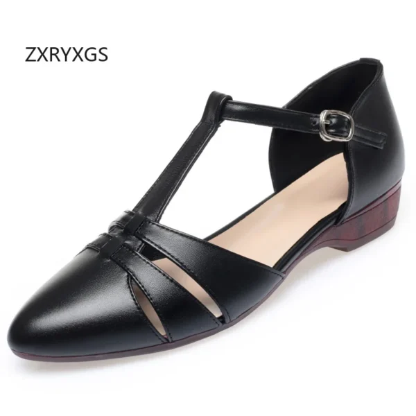 ZXRYXGS Elegance Fashion Real Leather Pointed Sandals Women Shoes Flat Sandals 2024 Summer Cowhide Hollow Large Size Sandals