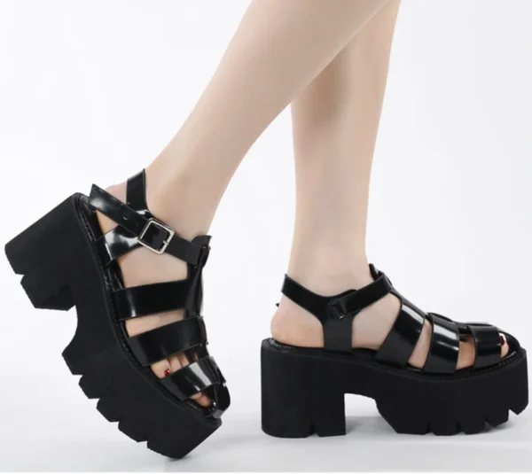 2024 PU Leather Hollow Cut Out Student Girl Sandals Flat Platform Wedge Block Thick Heel Shoes Women Gladiator Sandals Plus Size - Image 3