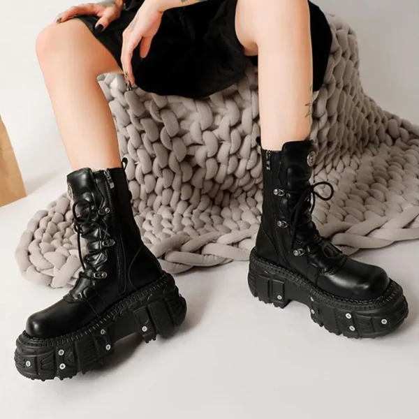 2024 New Brand Punk Style Women Shoes Lace-up Platform Shoes Woman Rock Boots Metal Decor Thick Bottom Street Shot Knight - Image 6