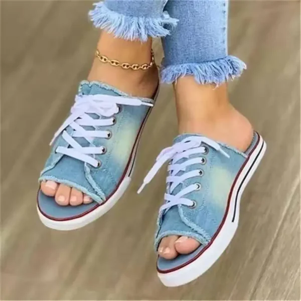 2022 Fashion Women Canvas Sandals Breathable Summer Slippers Lace Up Open Toe Ladies Faux Denim Flat Shoes Zapatos Mujer - Image 8