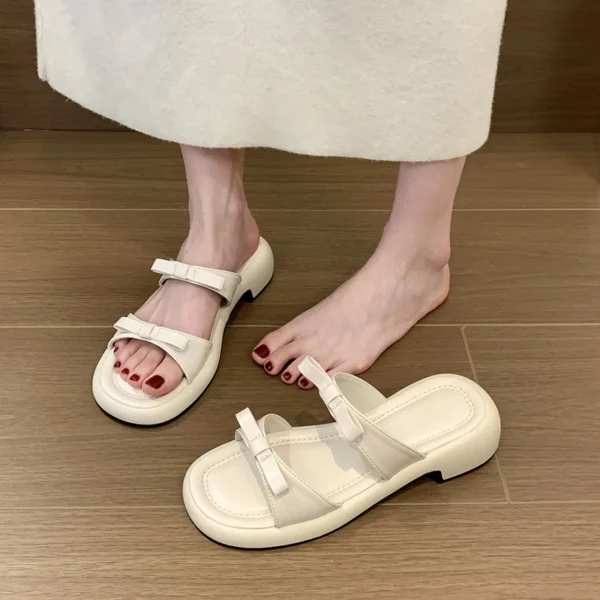 2024 New Fashion Straps Summer Beach Shoes 4.5cm Square Heels Slippers Women Sweet Bow  Outside Summer Sandals Shoe Slides - Image 4