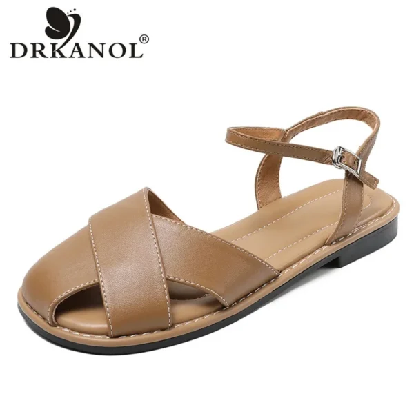 DRKANOL Women Flat Sandals 2024 Concise Genuine Leather Cross Sheepskin Buckle Strap Slingback Shoes Ladies Roman Casual Sandals