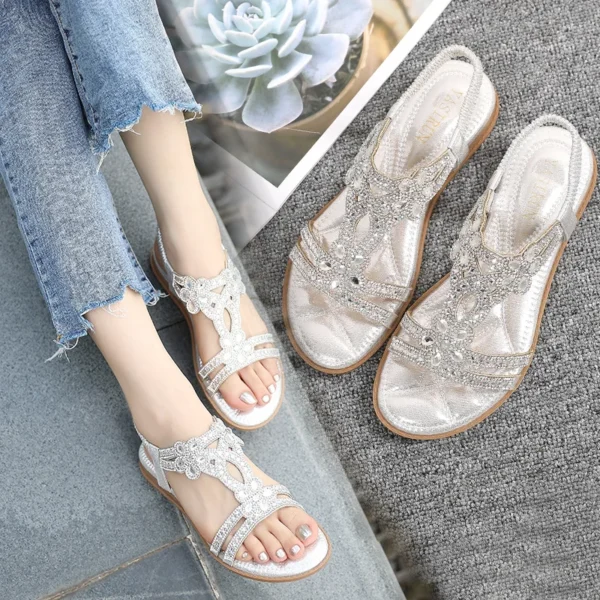 Big Size 35-43 Large Hollow Flat Bottom Diamond Sandals Bohemian Style Comfortable Women's Shoes Summer Sandalia Feminina - Image 2