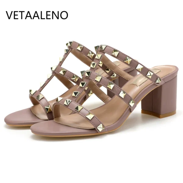 【Measure your feet length before order】Rivets Strappy Luxury Designer Women Elegant Slide Sandals Block High Heel Shoe 75-CHC-33