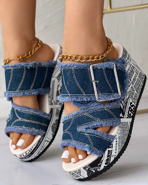 Women Shoes Casual Fashion Vacation Daily Wear Summer Newspaper Buckled Denim Wedge Slippers Sandals - Image 3