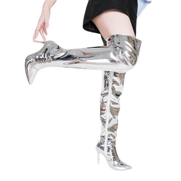 Women Sexy Silver Mirror Thigh High Boots T Show Pointy Toe Club Party Shoes Thin High Heels Over The Knee Long Boots For Women - Image 3