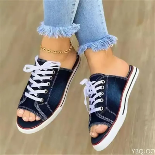 2022 Fashion Women Canvas Sandals Breathable Summer Slippers Lace Up Open Toe Ladies Faux Denim Flat Shoes Zapatos Mujer - Image 3