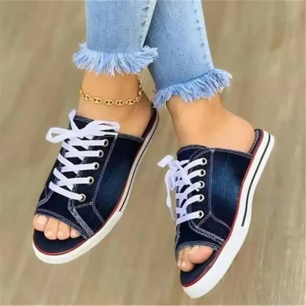 2022 Fashion Women Canvas Sandals Breathable Summer Slippers Lace Up Open Toe Ladies Faux Denim Flat Shoes Zapatos Mujer - Image 7