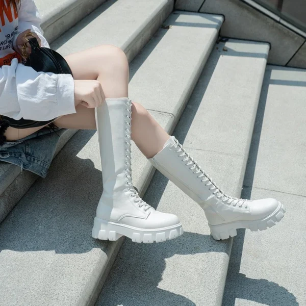 Women's Mid Calf Boots Padded Shoes Knee High Winter Sneakers Punk Style Military Casual White Black 2023 Lucury Platform Woman - Image 2