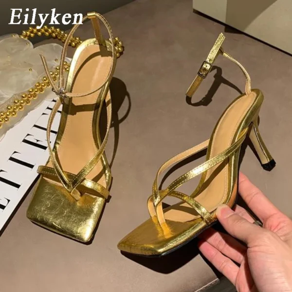 Eilyken New Fashion Pinch Narrow Band Women Sandals 2024 Summer Square Open Toe Ankle Buckle Strap High Heels Ladies Shoes - Image 10