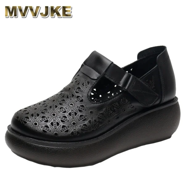 2024 New Spring Summer Women Shoes Hollow Full Genuine Leather Shoe Women Sandals Platform Shoes Woman Wedges Large Size