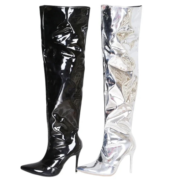 Women Sexy Silver Mirror Thigh High Boots T Show Pointy Toe Club Party Shoes Thin High Heels Over The Knee Long Boots For Women - Image 5