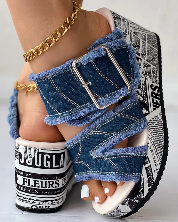 Women Shoes Casual Fashion Vacation Daily Wear Summer Newspaper Buckled Denim Wedge Slippers Sandals - Image 5