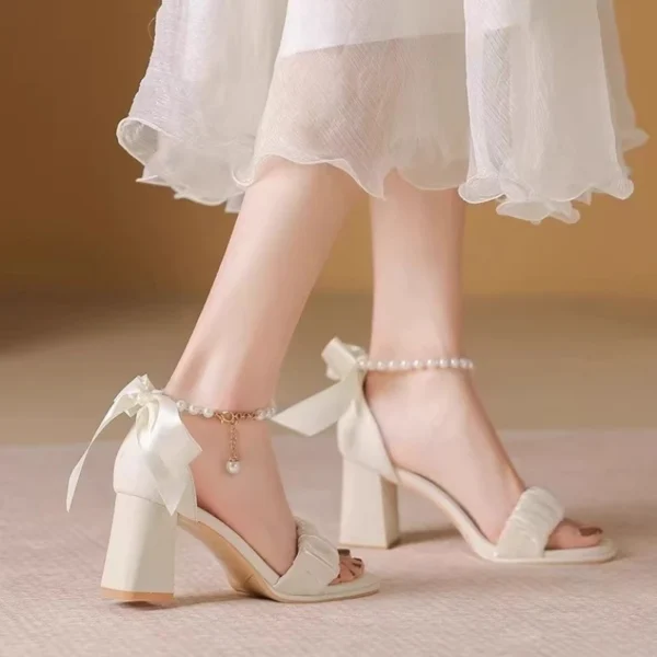 Comfort Shoes for Women Pearl Sandals Suit Female Beige Increasing Height Block Heels All-Match Black Bow 2024 Fashion Chunky Gi - Image 5