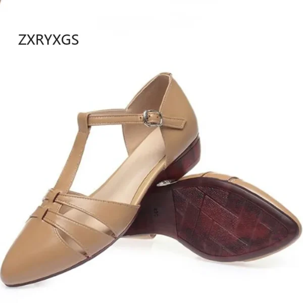 ZXRYXGS Elegance Fashion Real Leather Pointed Sandals Women Shoes Flat Sandals 2024 Summer Cowhide Hollow Large Size Sandals - Image 2