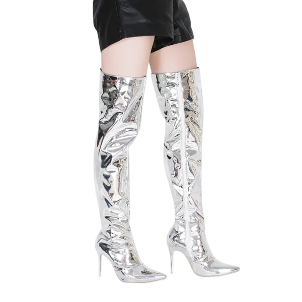 Women Sexy Silver Mirror Thigh High Boots T Show Pointy Toe Club Party Shoes Thin High Heels Over The Knee Long Boots For Women - Image 8