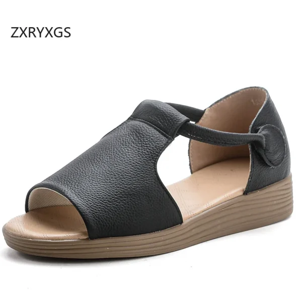 ZXRYXGS 2024 Summer Genuine Leather Fish Head Roman Sandals Flat Non-slip Comfortable Women Sandal Shoes Fashion Casual Sandals