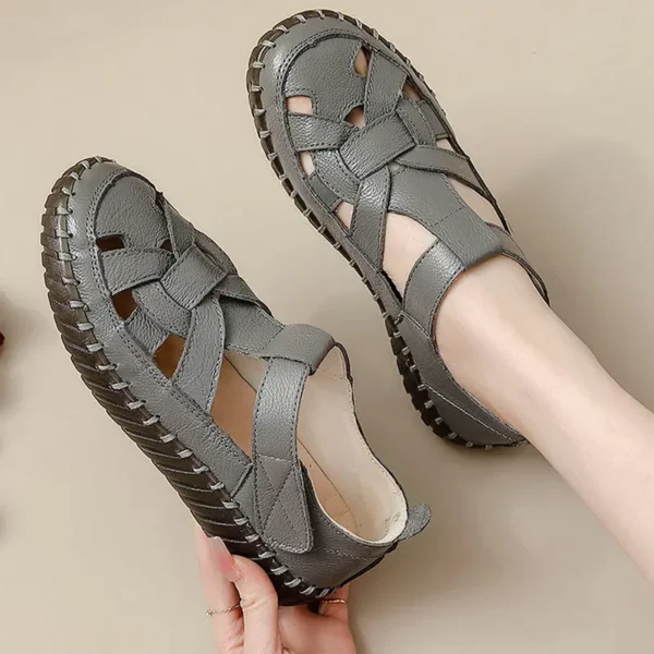 Women's Genuine Leather Hollow Sandals 2024 Summer Women Loafers Large Size Casual Flat Shoes Soft Sole Comfortable Sandals