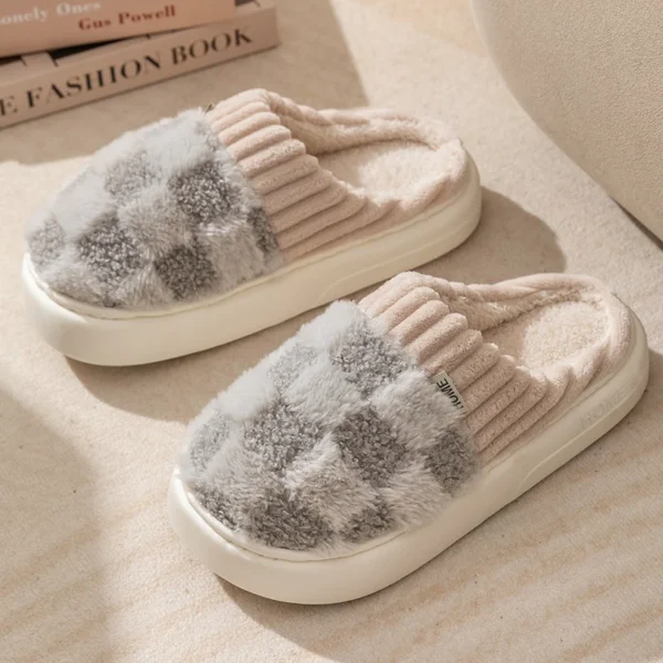 Fashion Couple Winter Toe Wrap Warm Plaid Cotton Slippers Thick Soft Sole Slides Men Women Indoor Floor Flat Home Non-slip Shoes - Image 9