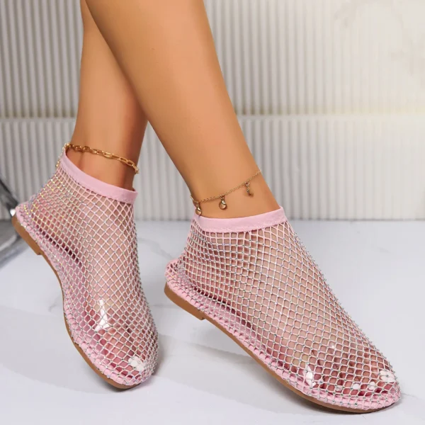 Women's New Luxury Brand Round Toe Flat Bottom Sandals Hollow Short Boots Water Diamond Sexy Flat Bottom Shoes - Image 11