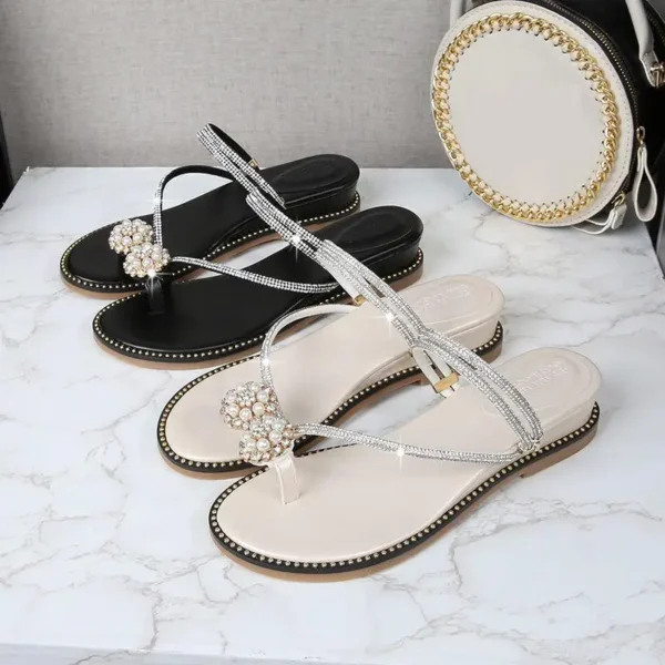 2023 Summer New Flats Sandals Women Open Toe Clip Toe Outer Wear Rhinestone Sandals Two-wear Small Size 313233 Women's Shoes - Image 5