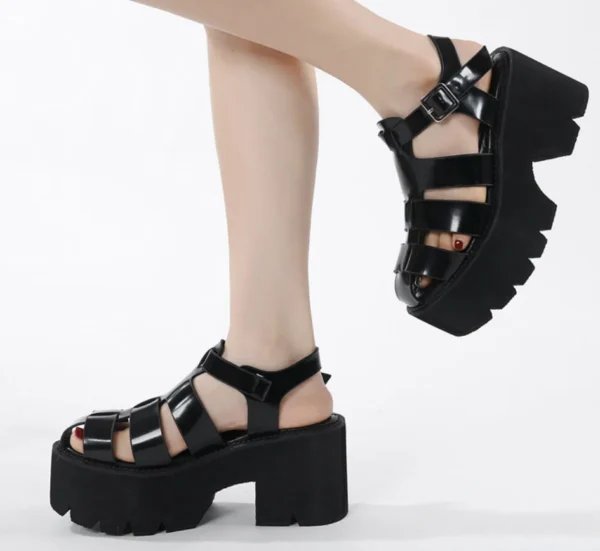 2024 PU Leather Hollow Cut Out Student Girl Sandals Flat Platform Wedge Block Thick Heel Shoes Women Gladiator Sandals Plus Size - Image 2