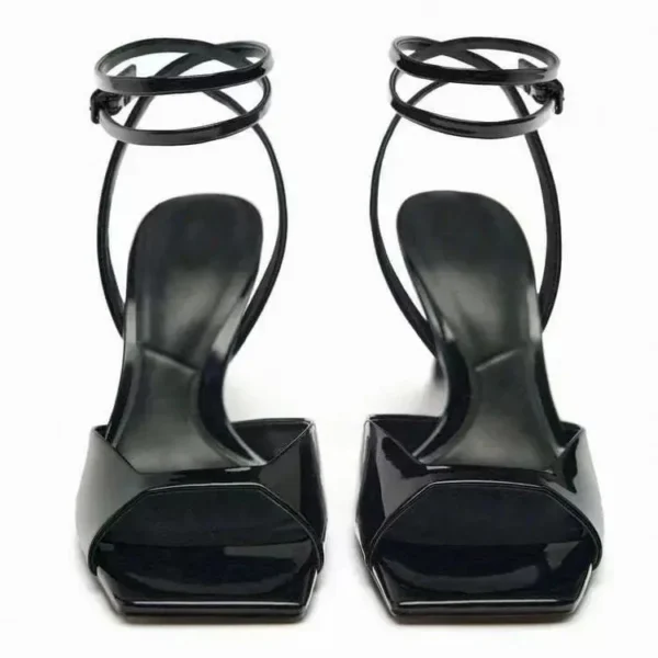 DMRA 2024 New European and American High Quality Women Shoes Black patent leather square toe open back strap high heel sandals - Image 2